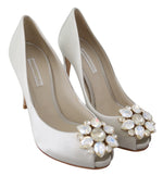 Dolce & Gabbana White Crystal Peep Toe Silk Blend Women's Heels