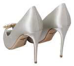 Dolce & Gabbana White Crystals Peep Toe Heels Satin Pumps Women's Shoes