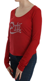 Exte Red Crystal Embellished Long Sleeve Women's Blouse