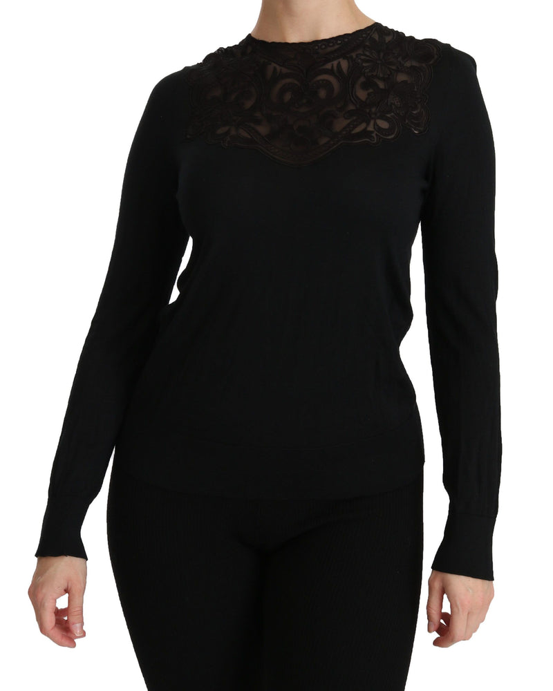 Dolce & Gabbana Black Silk Lace Crew Neck Long Sleeve Women's Blouse