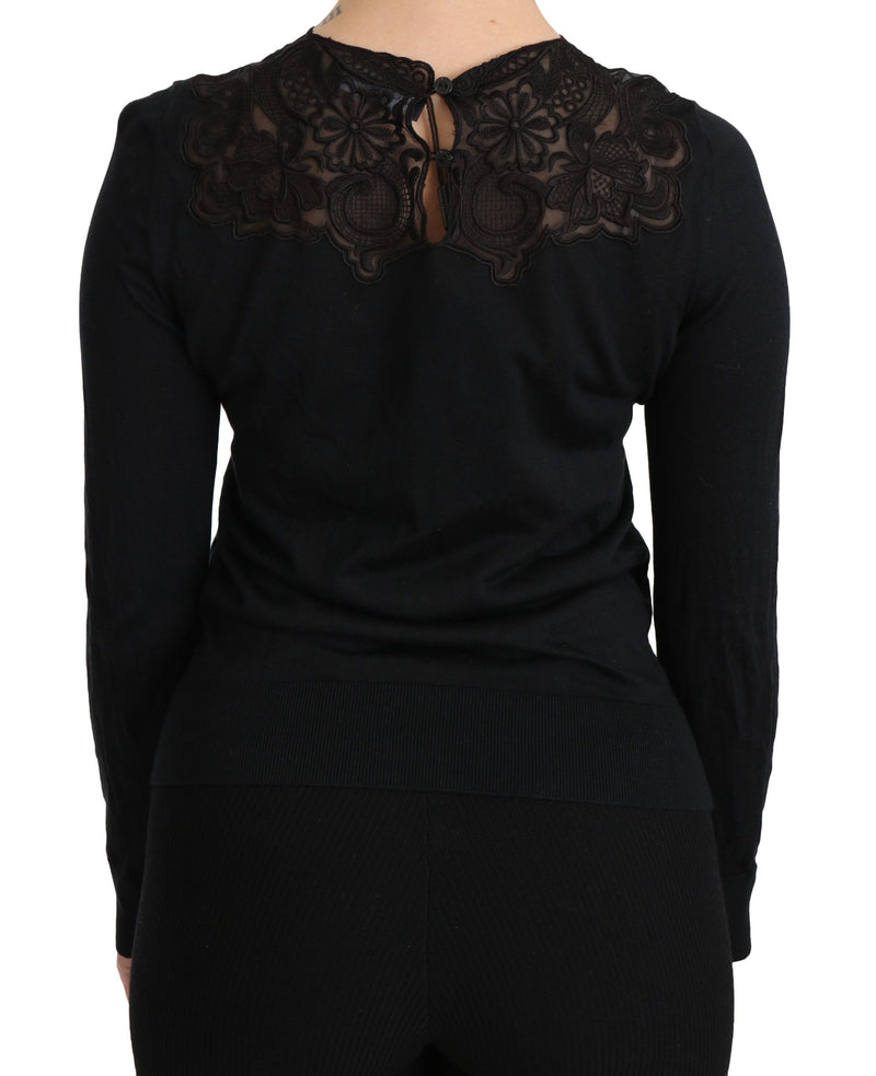 Dolce & Gabbana Black Silk Lace Crew Neck Long Sleeve Women's Blouse