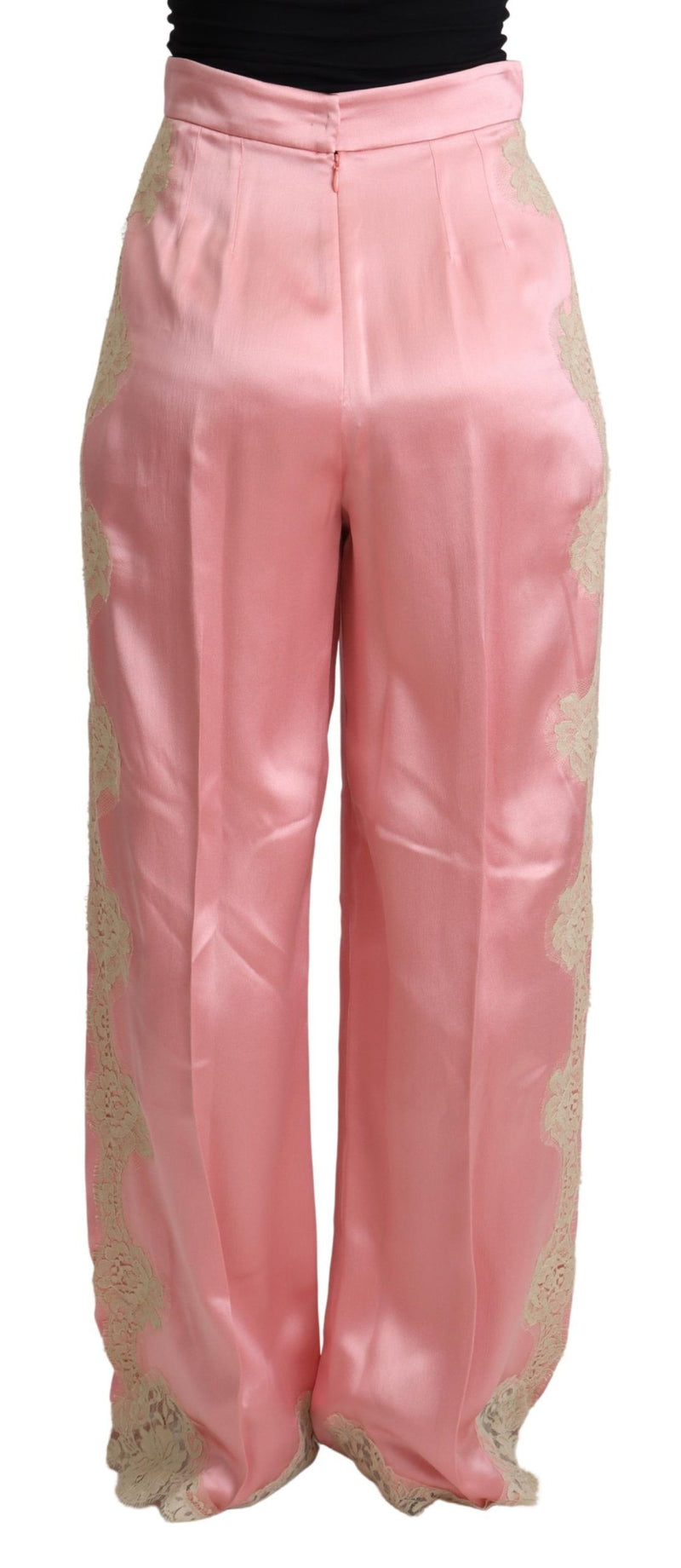 Dolce & Gabbana Pink Lace Trimmed Silk Satin Wide Legs Women's Pants