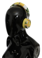 Dolce & Gabbana Chic White Leather Headphones with Yellow Women's Print