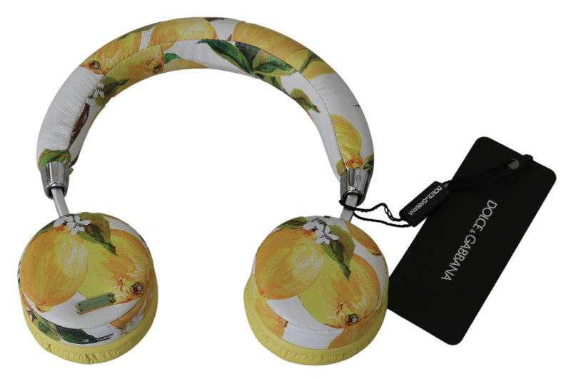 Dolce & Gabbana Chic White Leather Headphones with Yellow Women's Print