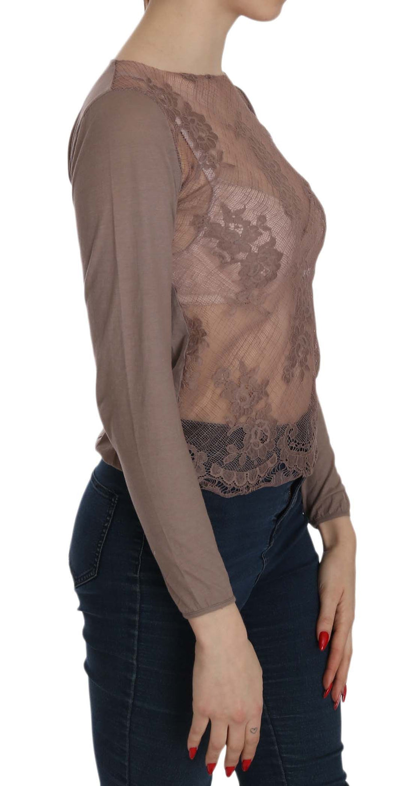 PINK MEMORIES Brown Lace See Through Long Sleeve Women's Top