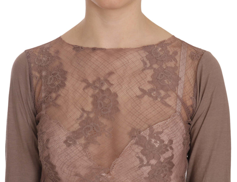 PINK MEMORIES Brown Lace See Through Long Sleeve Women's Top