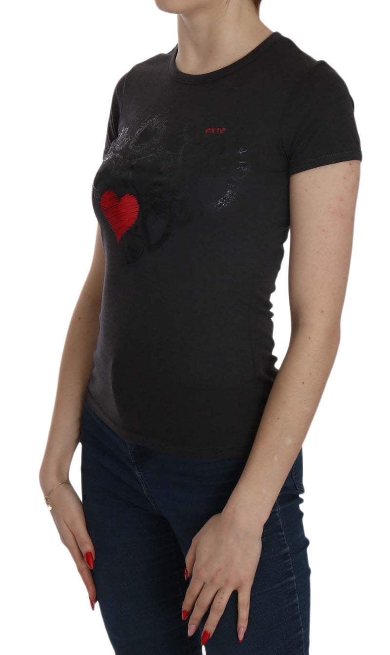Exte Black Hearts Print Short Sleeve Casual Shirt Women's Top