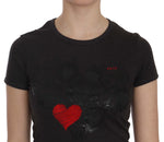 Exte Black Hearts Print Short Sleeve Casual Shirt Women's Top