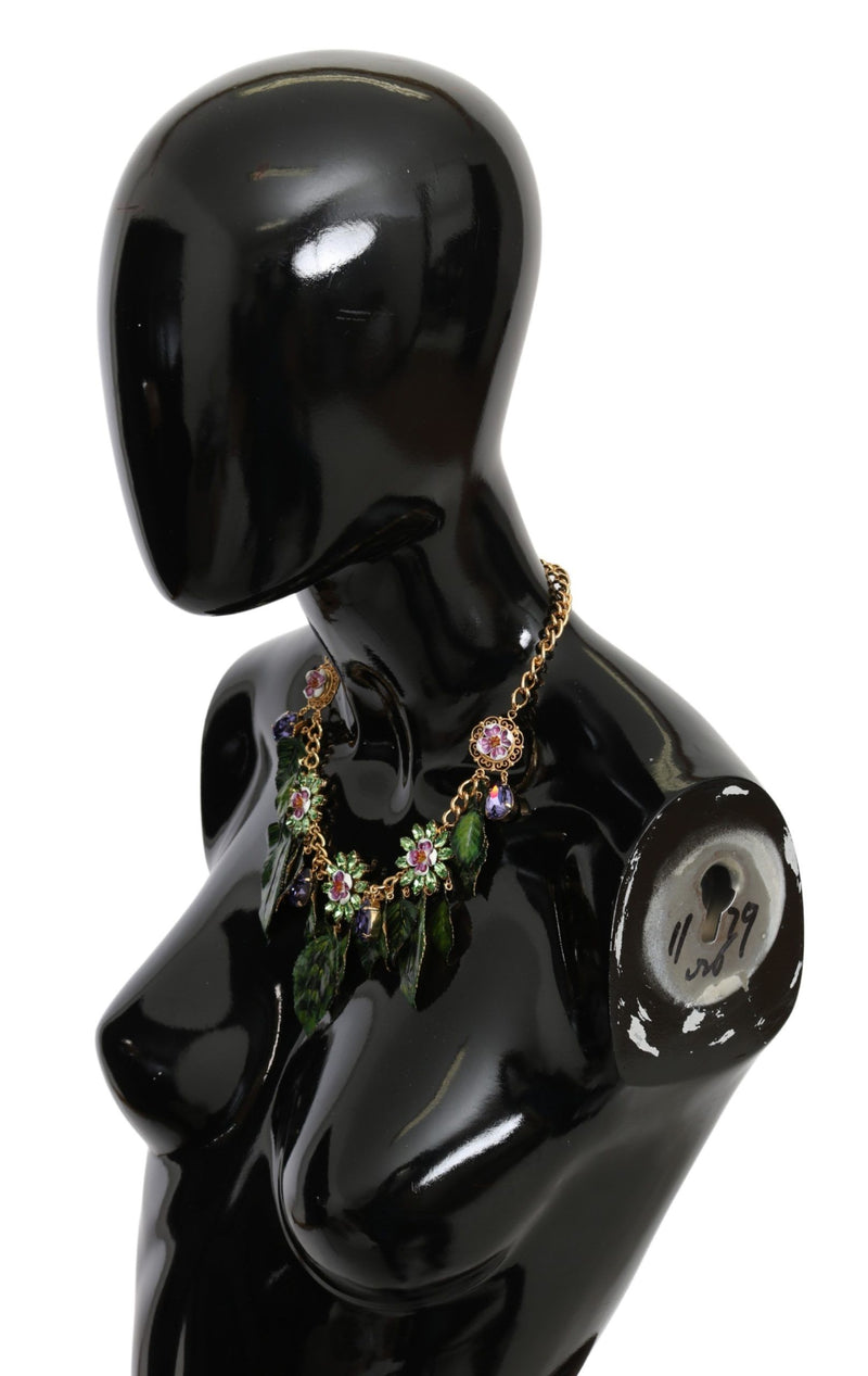 Dolce & Gabbana Green Leaves Gold Brass Crystal Flower Pendant Women's Necklace