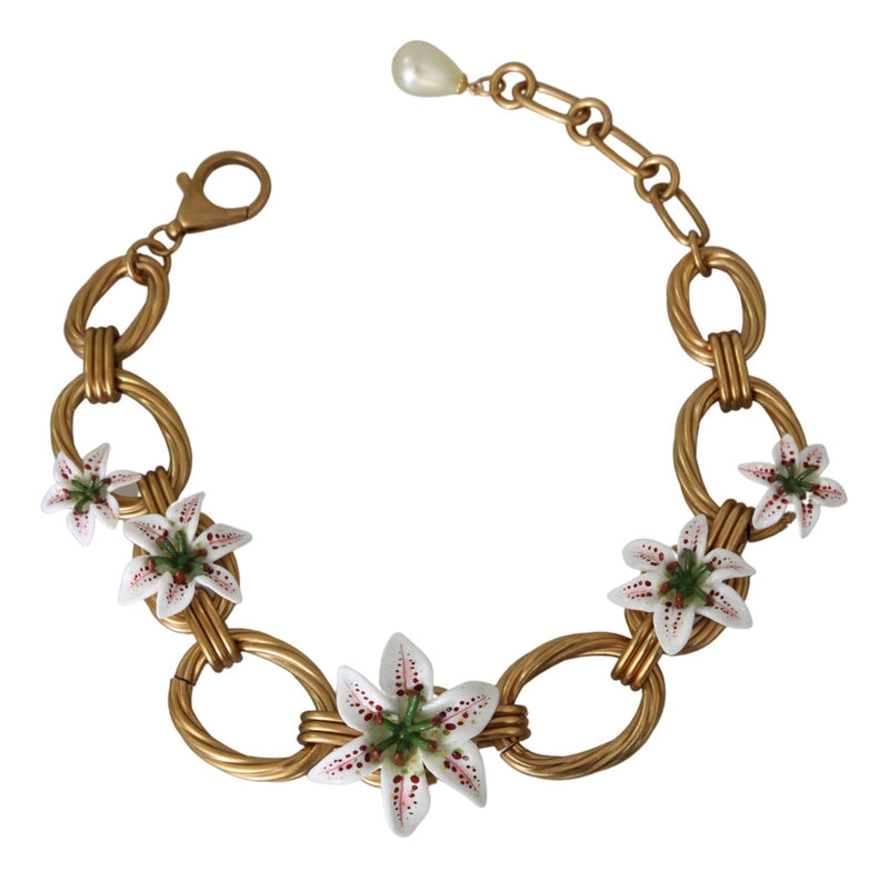 Dolce & Gabbana White Floral LILIUM Pendant Gold Chain Brass Pearl Women's Necklace