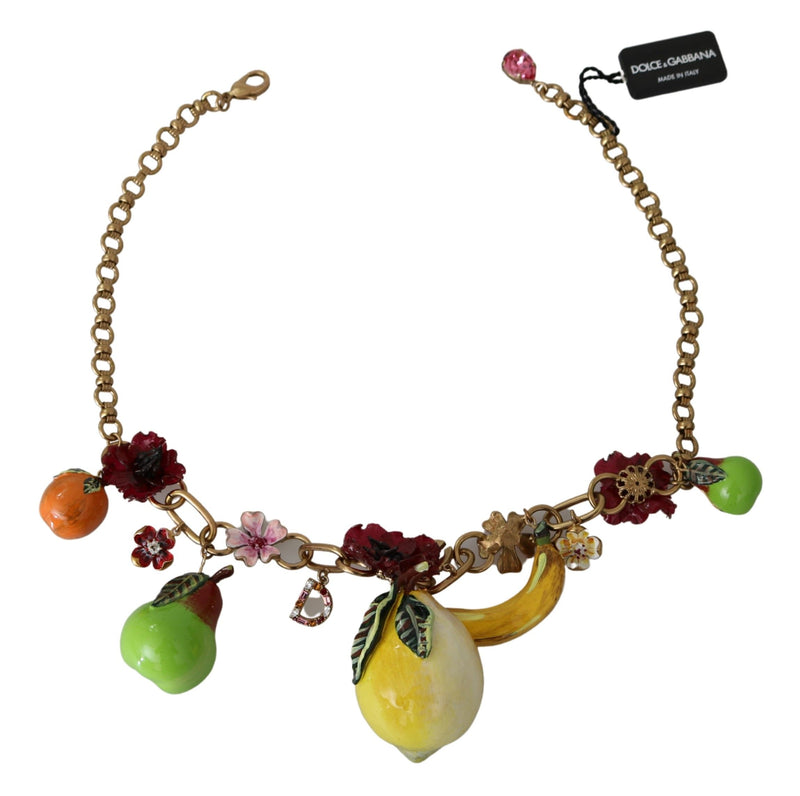 Dolce & Gabbana FRUIT Pendants Flowers Crystal DG Logo Gold Brass Women's Necklace