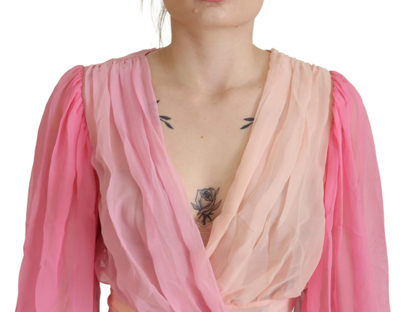 Dolce & Gabbana Pink Silk Wrap Long Sleeves Blouse Women's Top