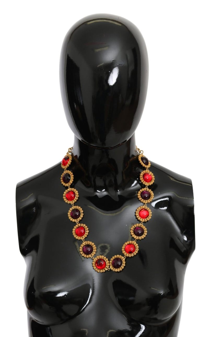Dolce & Gabbana Red Purple Crystal Floral Chain Statement Gold Brass Women's Necklace