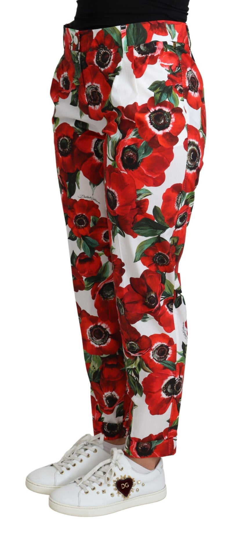 Dolce & Gabbana Elegant White Poppy Print Tapered Women's Pants