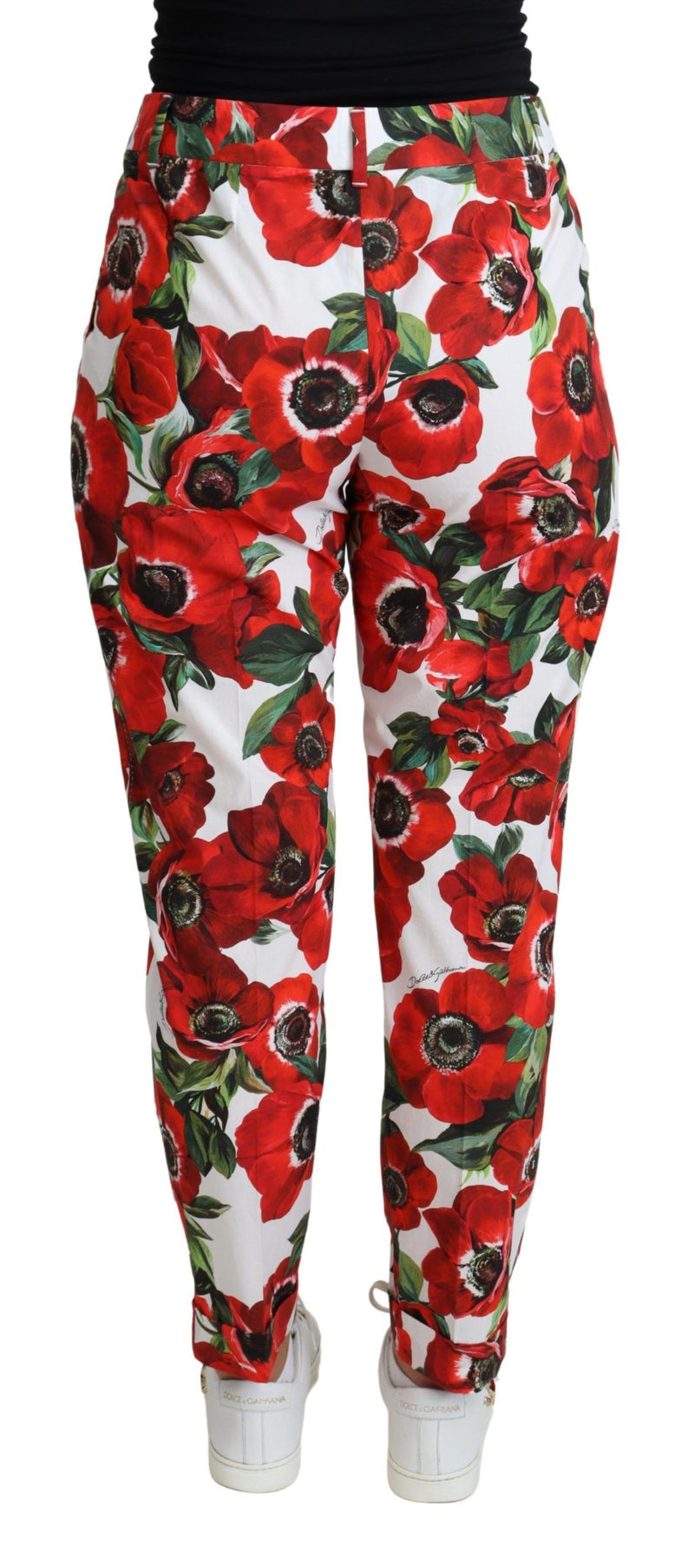Dolce & Gabbana Elegant White Poppy Print Tapered Women's Pants