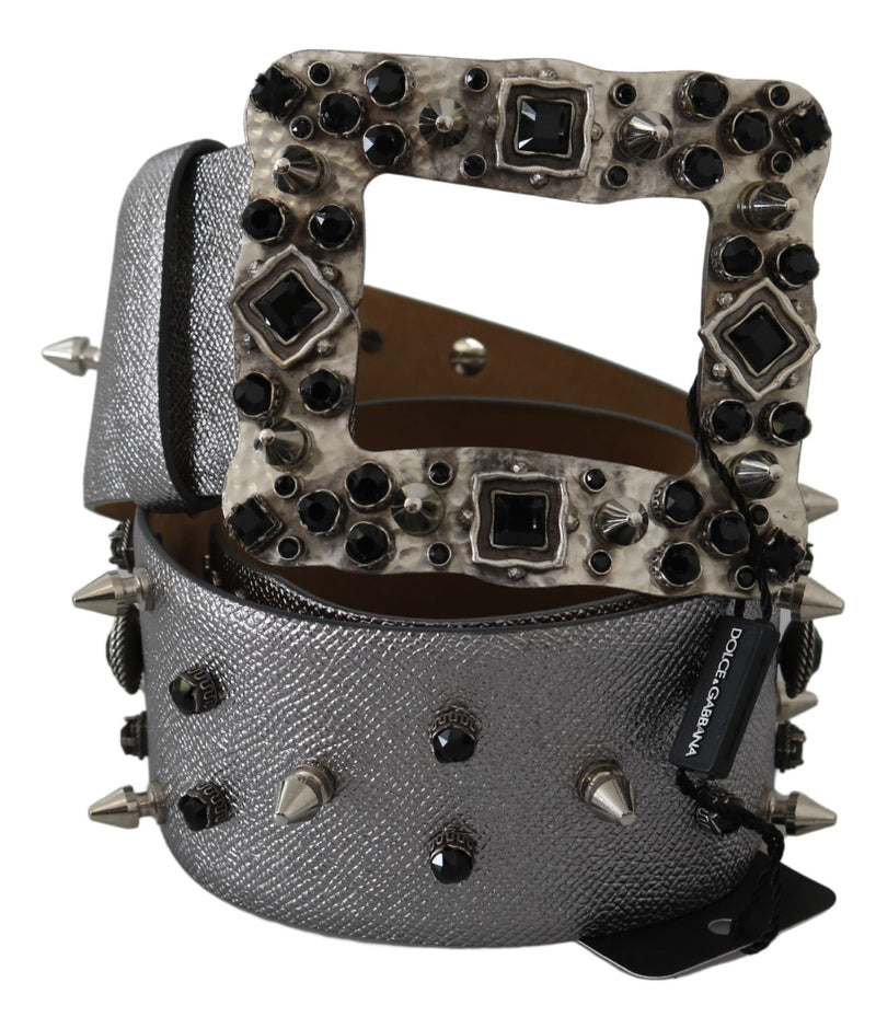 Dolce & Gabbana Stunning Silver Leather Crystal-Studded Women's Belt