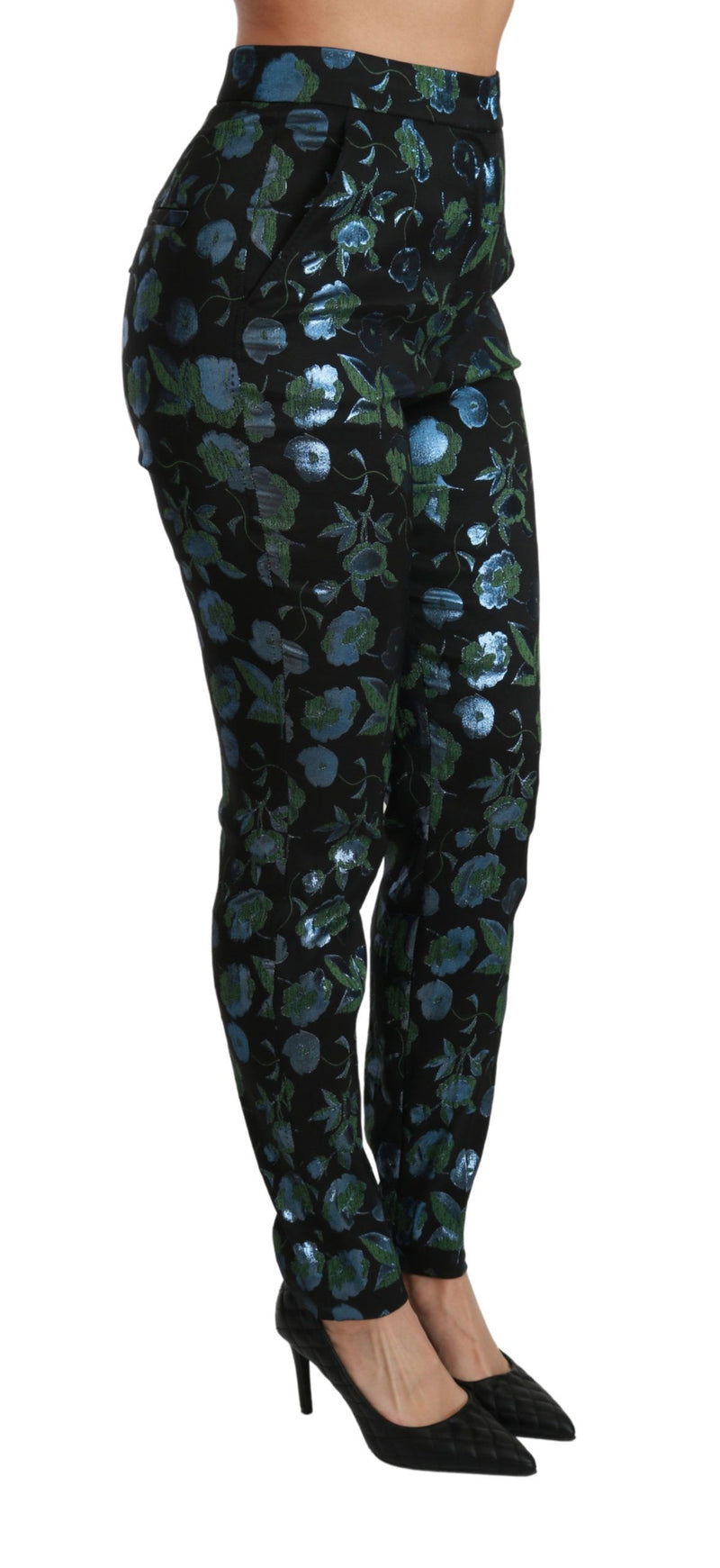 Dolce & Gabbana Blue Green Floral Metallic Slim Women's Pants