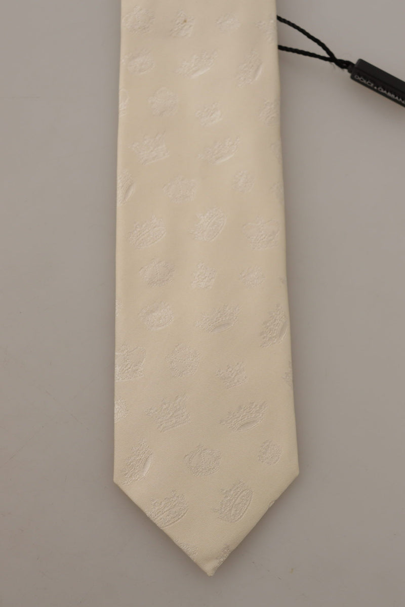 Dolce & Gabbana White Crown Print Silk Adjustable Accessory Men's Tie