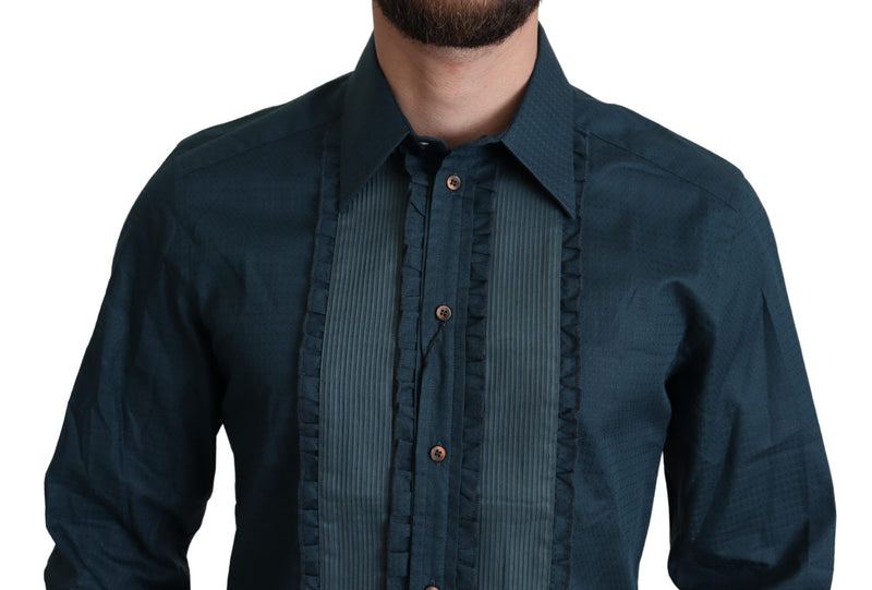 Dolce & Gabbana Elegant Blue Ruffled Tuxedo Men's Shirt