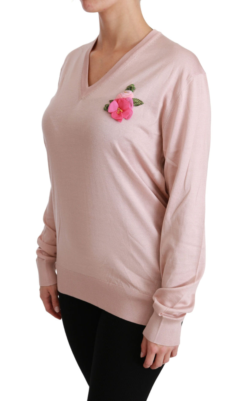 Dolce & Gabbana Pink Floral Embellished Pullover Silk Women's Sweater