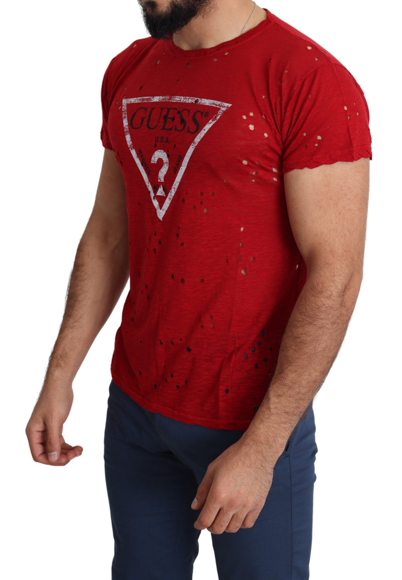 Guess Red Cotton Logo Print Men Casual Top Perforated Men's T-shirt
