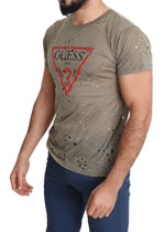 Guess Brown Cotton Stretch Logo Print Men Casual Perforated Men's T-shirt