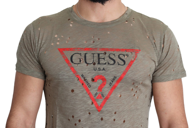 Guess Brown Cotton Stretch Logo Print Men Casual Perforated Men's T-shirt