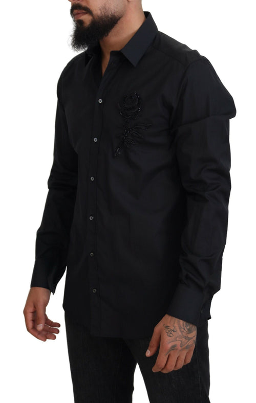 Dolce & Gabbana Black Roses Slim Fit Cotton Men's Shirt