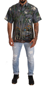 Dolce & Gabbana Gray Linen Tropical Print Collared Men's Shirt