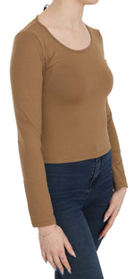 GF Ferre Brown Long Round Neck Sleeve Fitted Shirt Tops Women's Blouse
