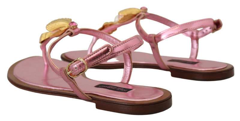 Dolce & Gabbana Chic Pink Leather Sandals with Exquisite Women's Embellishment