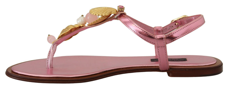 Dolce & Gabbana Chic Pink Leather Sandals with Exquisite Women's Embellishment