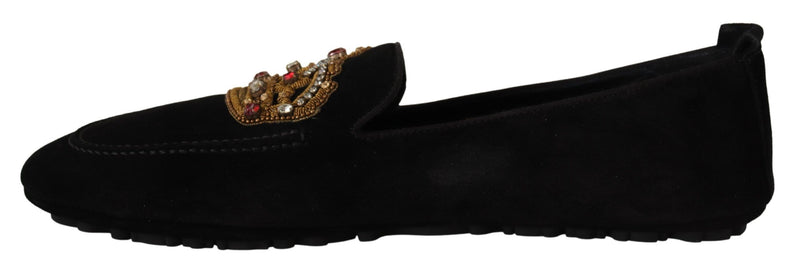 Dolce & Gabbana Elegant Black Leather Loafer Slides with Gold Men's Embroidery