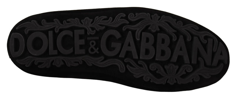 Dolce & Gabbana Elegant Black Leather Loafer Slides with Gold Men's Embroidery