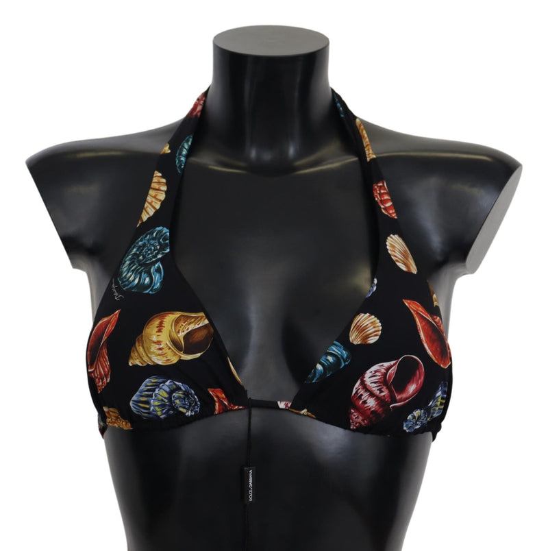 Dolce & Gabbana Black Seashells Print Halter Swimwear Bikini Women's Tops