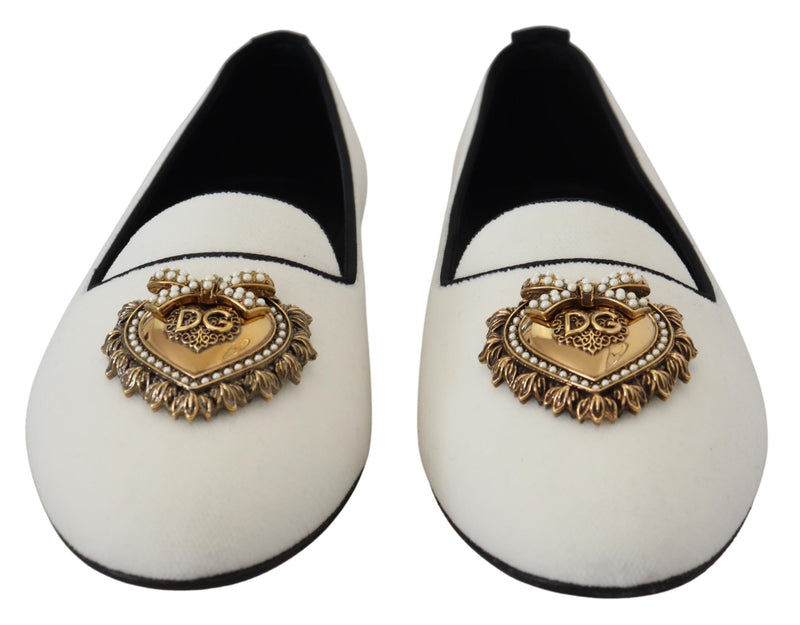 Dolce & Gabbana Elegant White Velvet Loafers with Gold Heart Women's Detail