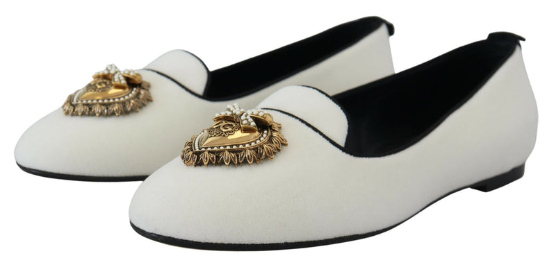 Dolce & Gabbana Elegant White Velvet Loafers with Gold Heart Women's Detail