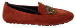 Dolce & Gabbana Opulent Orange Leather Loafers with Gold Men's Embroidery