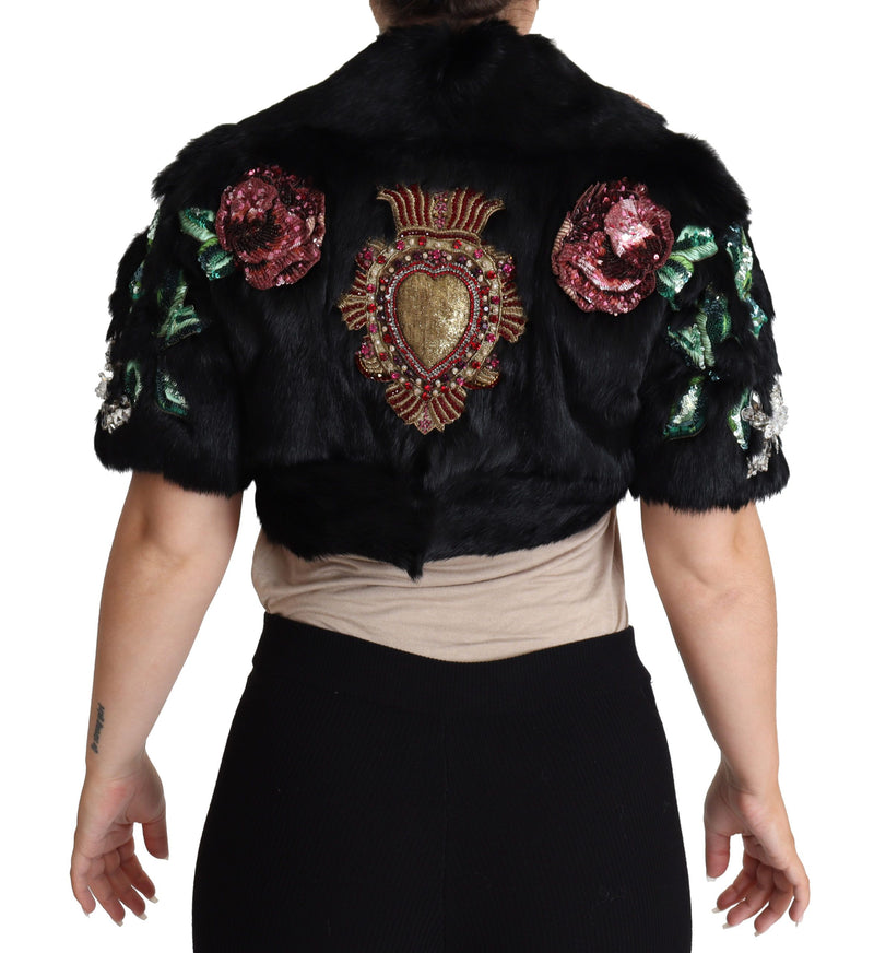 Dolce & Gabbana Black Rabbit Fur Crystals Sequin Women's Coat
