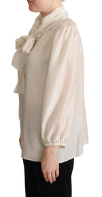 Dolce & Gabbana Light Gray Ascot Collar Shirt Silk Blouse Women's Top