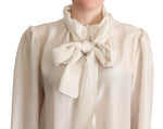 Dolce & Gabbana Light Gray Ascot Collar Shirt Silk Blouse Women's Top