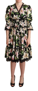 Dolce & Gabbana Black Cotton Lily Print Lace Trim Women's Dress