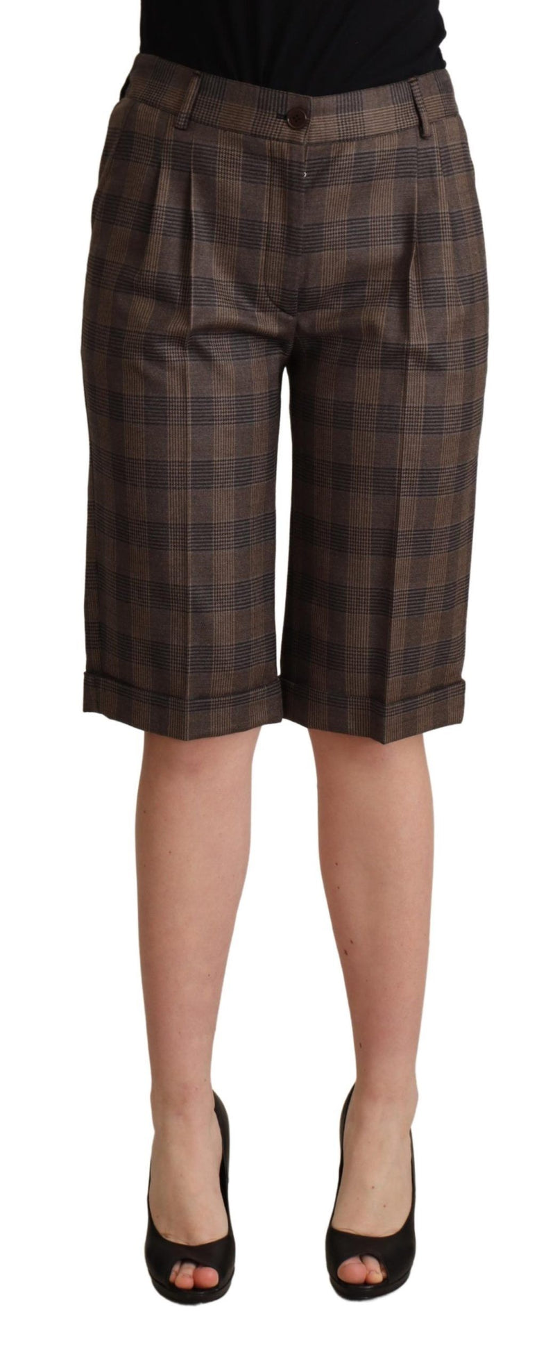Dolce & Gabbana Checkered Wool Bermuda Shorts in Women's Brown