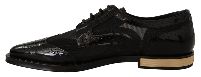 Dolce & Gabbana Black Leather Broques Sheer Wingtip Women's Shoes