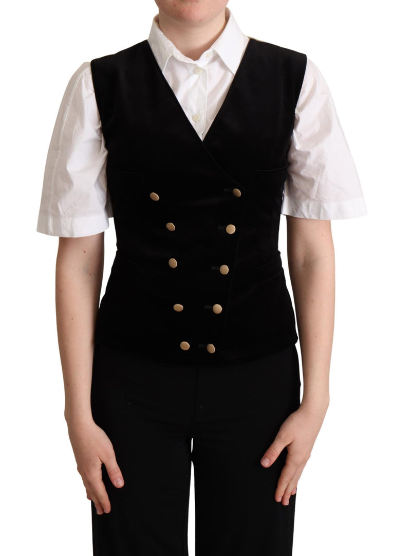Dolce & Gabbana Black Beige Velvet Waistcoat Women's Vest