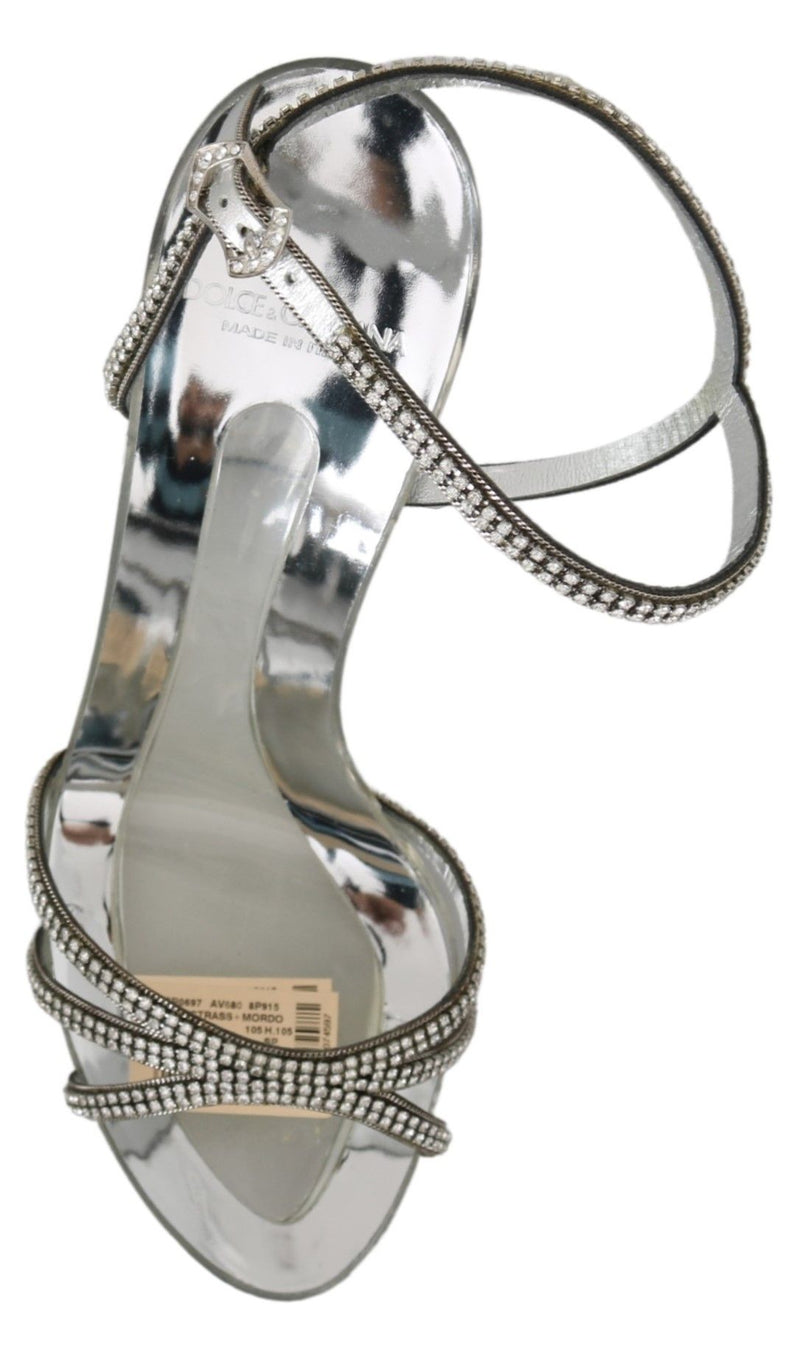 Dolce & Gabbana Silver Leather Ankle Strap Sandals with Women's Crystals