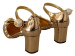 Dolce & Gabbana Elegant Gold Leather Block Heels with Women's Crystals