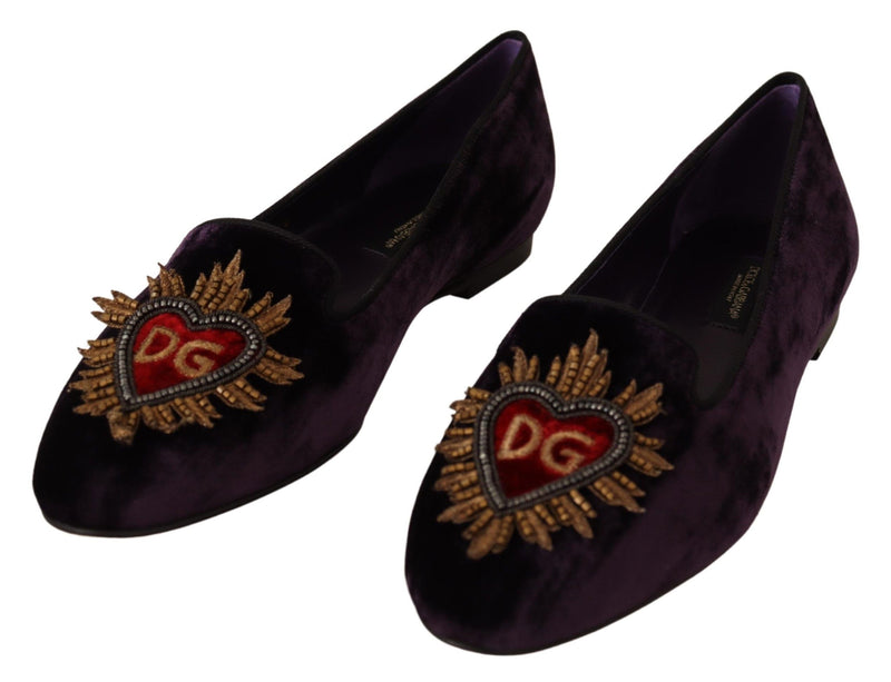 Dolce & Gabbana Chic Purple Velvet Loafers with Heart Women's Detail
