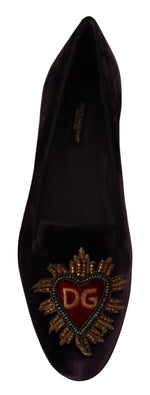 Dolce & Gabbana Chic Purple Velvet Loafers with Heart Women's Detail