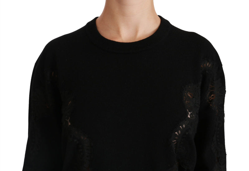 Dolce & Gabbana Black Cashmere Floral Lace Cutout Women's Sweater